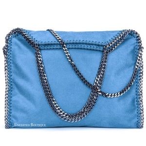 Ocean Blue Suede Vegan Leather Chain Tote Handbag